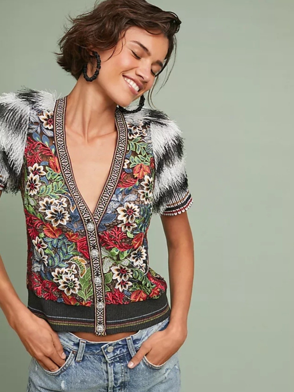Beauty Mark By Byron Lars Cardigan Floral Applique Mesh Lace Faux Fur Size 6